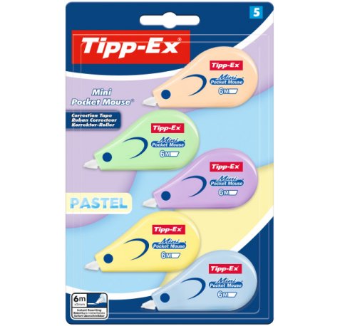 Tipp-Ex Mini Pocket Mouse Pastel Pack con 5 Cintas Correctoras 5mm x 6m - Resistente - Escritura Instantanea