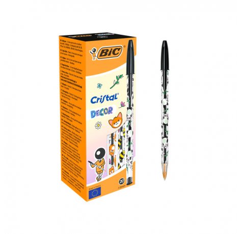 Bic Cristal Decor Kawaii Boligrafo de Bola - Cuerpo Transparente con Decoracion Kawaii - Punta redonda de 1mm - Trazo 0.4mm - Tinta con Base de Aceite - Color de la Tinta Negro (20 uds)