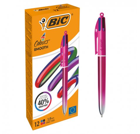 Bic 4 Colours Smooth Gradient Rosa Boligrafo de Bola Retractil - Punta Media de 1.0mm - Escritura un 40% mas Suave - 4 Colores de Tinta (12 uds)
