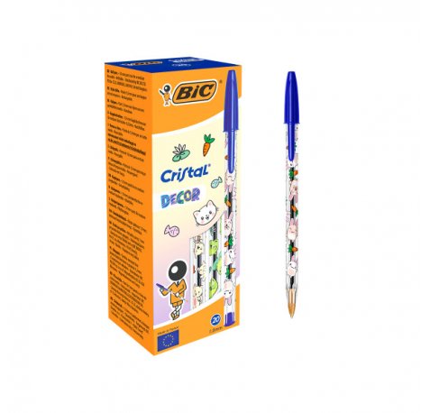 Bic Cristal Decor Kawaii Boligrafo de Bola - Cuerpo Transparente con Decoracion Kawaii - Punta redonda de 1mm - Trazo 0.4mm - Tinta con Base de Aceite - Color de la Tinta Azul (20 uds)