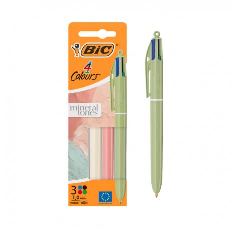 Bic 4 Colours Mineral Tones Pack con 3 Boligrafos de Bola Retractil - 3 Colores Diferentes - Punta Media de 1.0mm - Colores Surtidos