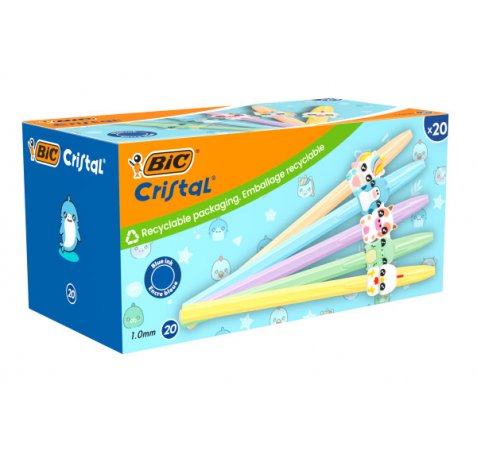 Bic Cristal Pastel Figurines Pack con 20 Boligrafos de Bola - Cuerpo Opaco en Colores Pastel con Figuras de Animales - Punta Redonda de 1mm - Trazo 0.4mm - Tinta con Base de Aceite - Color de la Tinta Azul