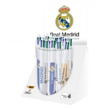 Bic 4 Colours Real Madrid CF Expositor con 30 Boligrafos de Bola Retractil - 6 DiseÃ±os Diferentes - Punta Media de 1.0mm
