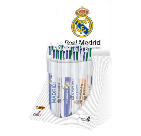 Bic 4 Colours Real Madrid CF Expositor con 30 Boligrafos de Bola Retractil - 6 DiseÃ±os Diferentes - Punta Media de 1.0mm