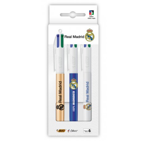 Bic 4 Colours Real Madrid CF Pack con 3 Boligrafos de Bola Retractil - 3 DiseÃ±os Diferentes - Punta Media de 1.0mm