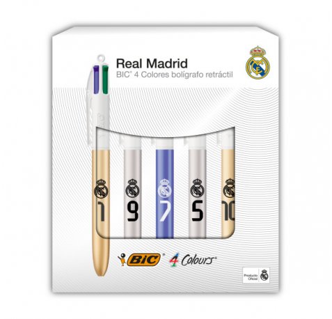 Bic 4 Colours Ed. Lujo Real Madrid CF Pack con 5 Boligrafos de Bola Retractil - 5 DiseÃ±os Diferentes - Punta Media de 1.0mm