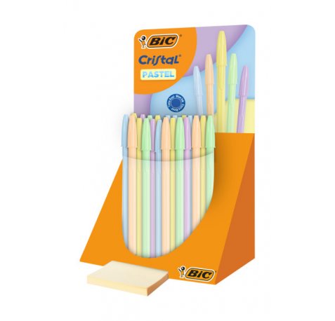 Bic Cristal Pastel Expositor con 40 Boligrafos de Bola - Cuerpo Opaco en Colores Pastel - Punta redonda de 1mm - Trazo 0.4mm - Tinta con Base de Aceite - Color de la Tinta Azul