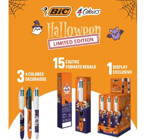 Bic 4 Colours Halloween Expositor con 15 Boligrafos de Bola Retractil - 3 DiseÃ±os Diferentes - En Caja Individual - Punta Media de 1.0mm