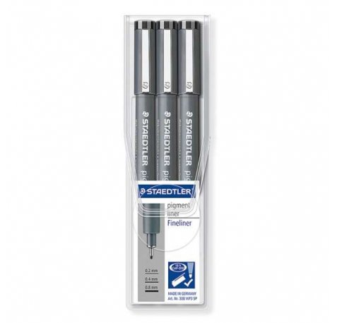 Staedtler Pigment Liner 308 Pack de 3 Rotuladores de Punta Fina - Punta Larga - Secado Rapido - Color Negro