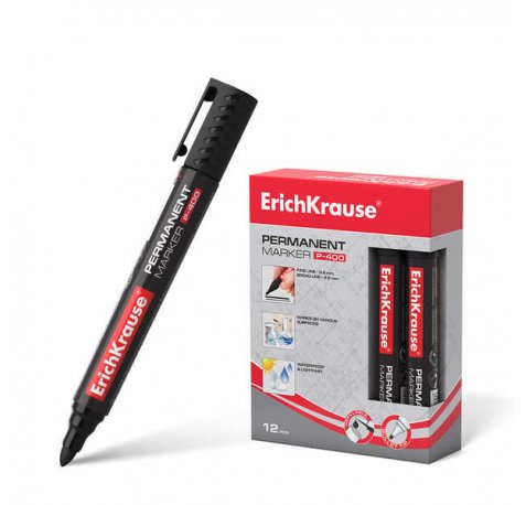 Erichkrause Marcador Permanente P-400 - Punta en Forma de Bala - Resistente a Multiples Superficies - Color Negro (12 uds)