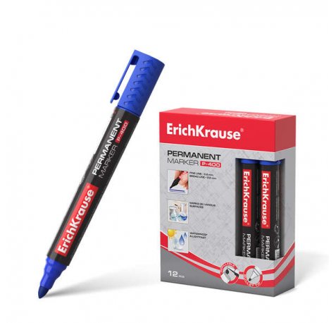Erichkrause Marcador Permanente P-400 - Punta en Forma de Bala - Resistente a Multiples Superficies - Color Azul (12 uds)