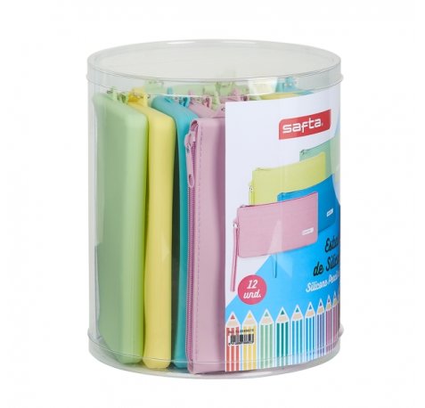 Safta Pack de 12 Estuches Planos - Caja Cilindrica de PVC Transparente - Silicona de Alta Calidad - Flexible - Facil de Limpiar - 195x230mm - Colores Surtidos