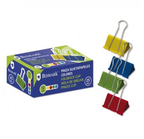 Bismark Pack de 12 Pinzas Sujetapapeles Metalicas de 25mm - Pala Abatible - Colores Surtidos