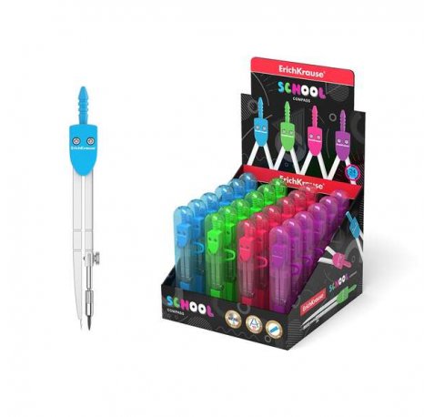 Erichkrause Compas de Metal School 120mm - Radio Maximo 18 cm - Estuche de Plastico con Regla Incluida - Colores Neon - Caja de Plastico con Colgador (24 uds)