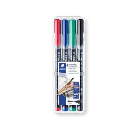 Staedtler Lumocolor 317 Pack de 4 Rotuladores Permanentes - Punta Media Redonda - Trazo 1mm aprox. - Capuchon con Clip - Secado Rapido - Colores Surtidos
