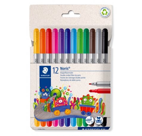 Staedtler Noris 320 Pack de 12 Rotuladores - Doble Punta de Fibra - Trazos 1 y 3mm - Tapa Ventilada - Colores surtidos