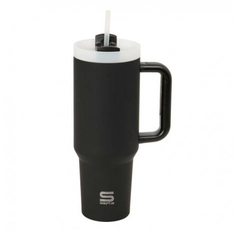 Safta Vaso con Asa Termico - Capacidad 1.2L - Pajita - Base Antideslizante - Acero Inoxidable - Doble Pared - 12h Caliente - 24h Frio - 10x26.5cm - Color Negro