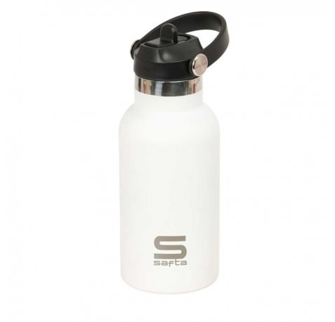 Safta Botella Isotermica Infantil - Capacidad 350ml - Tapon Roscado con Valvula - Base de Silicona - Asa Superior - Acero Inoxidable - 12h Caliente - 24h Frio - 19.5x7.3cm - Color Blanco