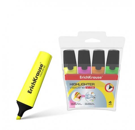 Erichkrause Visioline V-12 Pack de 4 Marcadores - Punta Biselada - Colores: Naranja, Rosa, Verde, Amarillo - Color Del Producto: Coincide con El de La Tinta