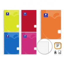 Golden Extra Pack de 5 Cuadernos Folio 80 Hojas 90gr Cuadricula - Margen Remarcado - Tapa Polipropileno Translucido - Colores Surtidos