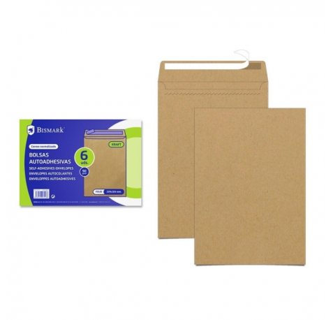 Bismark Pack de 6 Sobres de Papel Kraft 90gr - Medidas 184x261mm - Cierre Autoadhesivo - Color Marron