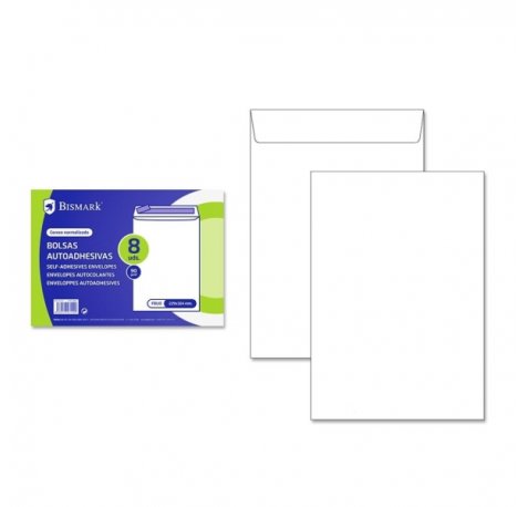 Bismark Pack de 8 Sobres de Papel 90gr - Medidas 162x229mm - Cierre Autoadhesivo - Color Blanco