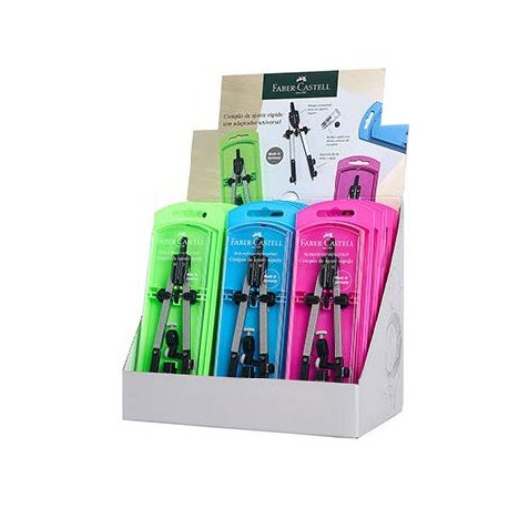 Faber-Castell Expositor de 15 Compases de Ajuste Rapido - Articulaciones en ambos Brazos - Accesorios de Recambio - Adaptador Universal