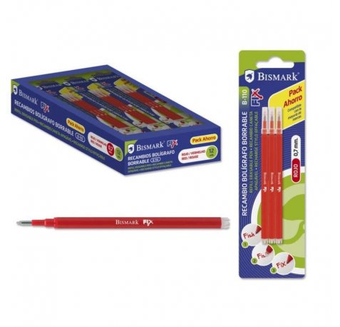Bismark Fix Pack de 3 Recambios para Boligrafo Borrable - Punta Fina 0.7mm - Color Rojo