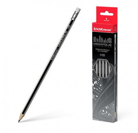 Erichkrause Lapiz de Grafito Hexagonal con Goma de Borrar Megapolis HB - Madera Seleccionada - Alta Resistencia al Impacto - Facil Afilado - Caucho Termoplastico Hipoalergenico - Color Negro (12 uds)