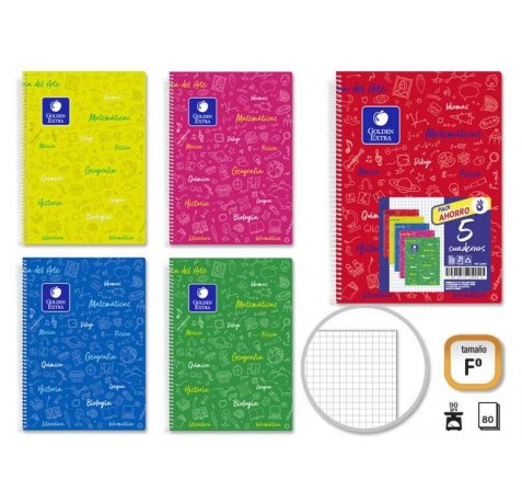 Golden Pack de 5 Cuaderno Asignatura Tapa Dura Folio 80 Hojas 90gr Cuadricula 4x4 - Resistente - Ideal para Estudiantes - Alta Calidad