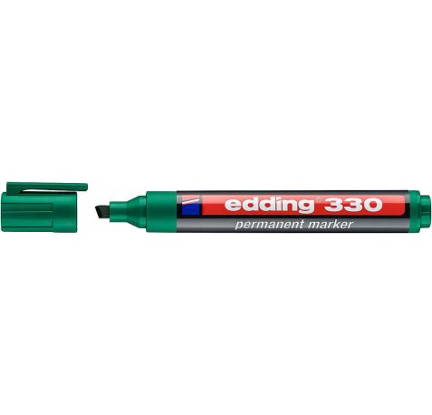 Edding 330 Rotulador Permanente - Punta Biselada - Trazo entre 1 y 5 mm. - Tinta casi Inodora - Capuchon con Clip - Secado Rapido - Color Verde (10 uds)