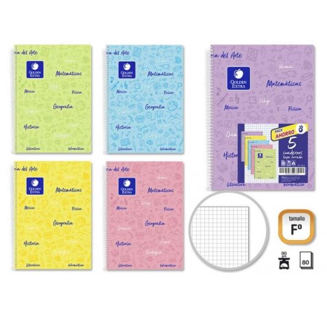 Golden Pack de 5 Cuaderno Asignatura Tapa Flexible - 80 Hojas - Papel de 90gr - Cuadricula 4x4
