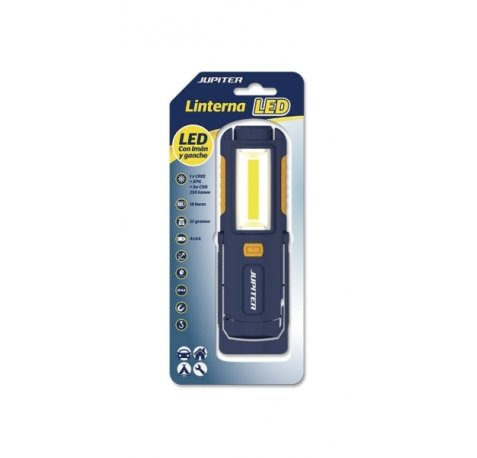 Jupiter Linterna de Trabajo LED+COB 250lm - Con Iman y Gancho - Resistencia IP44 - Funciona con 4 Pilas AA (No Incluidas) - Color Azul