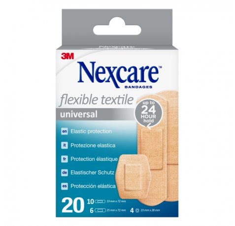 Nexcare Universal Flexible Textile Pack de 20 Apositos Surtidos - Transpirable - Elastico - Color Piel