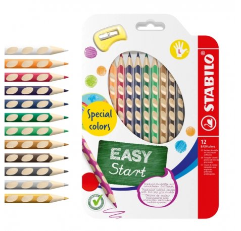 Stabilo Easycolors Special Colors Pack con 12 Lapices de Colores Ergonomicos + Sacapuntas - Mina de 4.2mm - Forma Triangular - Uso Zurdo - Colores Surtidos