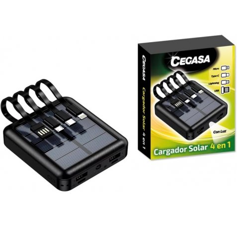 Cegasa Powerbank Solar 4 en 1 5.000mAh - Salidas USB-C, Lighting, USB-A, Micro USB - Con Linterna - Color Negro