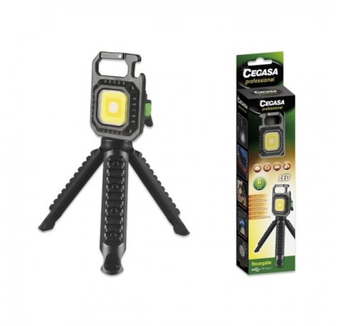 Cegasa Profesional Linterna Mini con Tripode COB hasta 670lm - Luz Blanca, Amarilla, Blanca y Amarilla Combinadas, Luz Roja y Luz Flash Intermitente - Bateria Recargable USB-C - Color Negro