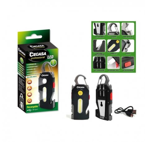 Cegasa Profesional Linterna Supervivencia COB+1 LED hasta 400lm - Autonomia hasta 1.5h - Bateria 300mAh USB-C - Color Negro