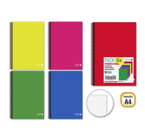 Golden Basic Pack de 5 Cuadernos A4 80 Hojas 90gr Cuadricula 4x4 - Ideal para Estudiantes - Tapa Polipropileno - Colores Surtidos
