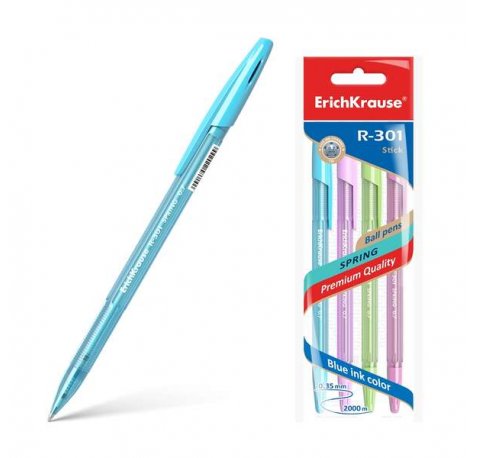 Erichkrause Pack de 4 Boligrafos R-301 Spring Stick 0.7 - Cuerpo Hexagonal Translucido - Tinta de Secado Rapido - Color Azul