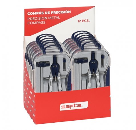 Safta Expositor con 12 Compases de Precision - Ajuste Variable - Mecanismo Rapido - Extensor - Incluye Minas - Colores Surtidos