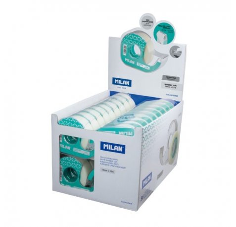 Milan Expositor de 36 Cintas Adhesivas Invisibles con Dispensador - Medidas 19mm x 33m - Color Transparente Mate
