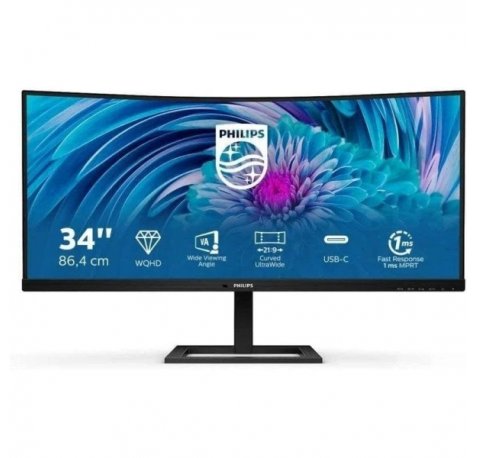Philips E Line 346E2CUAE/00 Monitor 34" LED Curvo WQHD+ 100Hz FreeSync Premium - Respuesta 1ms - Altavoces 10W - Ajustable en Altura e Inclinable - 21:9 - HDMI, DisplayPort, USB-C - VESA 100x100mm
