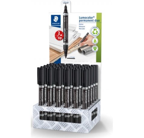 Staedtler Lumocolor 348 Expositor de 30 Rotuladores Permanentes de Doble Punta - Secado Rapido - Color Negro