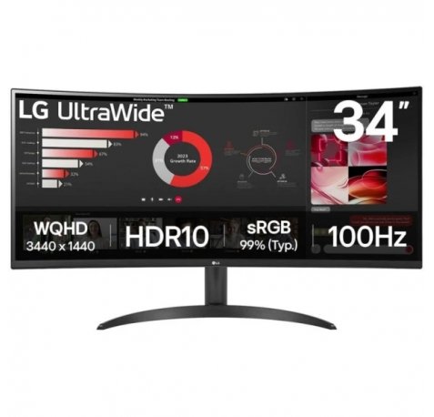 LG Ultrawide Monitor 34" Curvo LED VA WQHD 100Hz HDR10 FreeSync - Respuesta 5ms - Angulo de Vision 178º - 21:9 - HDMI, DisplayPort - VESA 100x100mm