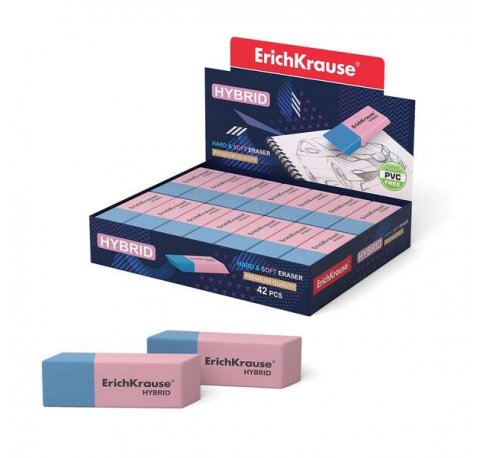 Erichkrause Hybrid Borrador de Doble Cara - Diferente Grado de Dureza - Caucho Termoplastico Hipoalergenico - Color Rosado y Azul (42 uds)