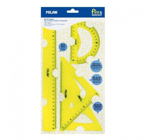 Milan Pack de 4 Reglas Flexibles y Resistentes - Regla, Escuadra, Cartabon y Transportador - Color Amarillo