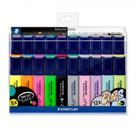 Staedtler Textsurfer Classic 364 Pack de 20 Marcadores Fluorescentes - Punta Biselada 1 - 5mm Aprox - Secado Rapido - Colores Surtidos