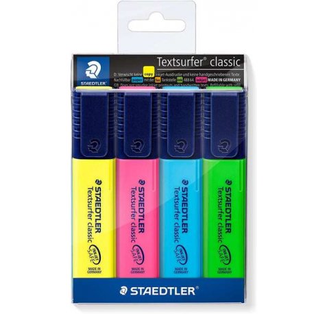 Staedtler Textsurfer Classic 364 Pack de 4 Marcadores Fluorescentes - Secado Rapido - Trazo 1 - 5mm Aprox - Colores Surtidos