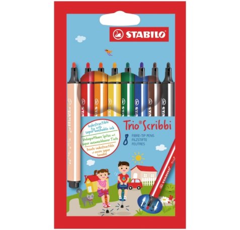 Stabilo Trio Scribbi Pack con 8 Rotuladores - Trazo entre 1,5-2mm - Forma Triangular - Tinta Super Lavable - Colores Surtidos